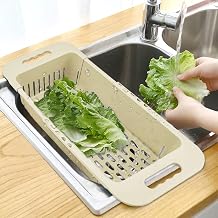 MineSign Extendable Over the Sink Colander Fruits and Vegetables Drain Basket Adjustable Strainer Sink Washing Basket for Kitchen (Beige)