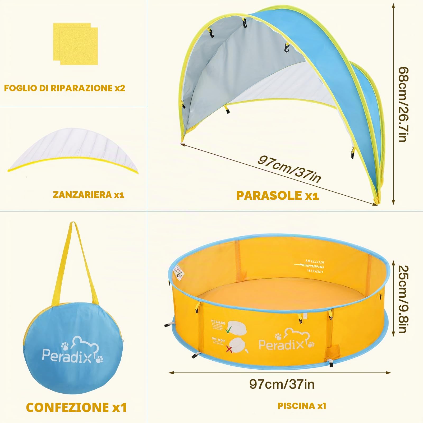 Peradix Piscina per bambini 4 in 1, con protezione dai raggi UV, tenda da spiaggia con zanzariera, tenda da gioco portatile, per la protezione solare estiva per anni (blu e giallo)