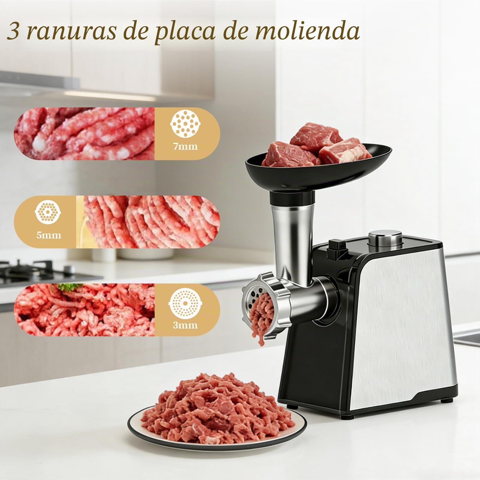 Picadora de Carne Eléctrica 3200W Max, Picadora de carne Multifuncional | Con 3 Placas de Corte, 2 Cuchillas y 3 Tubos para Embutidos, Picadora de Carne en Acero Inoxidable para Uso Doméstico