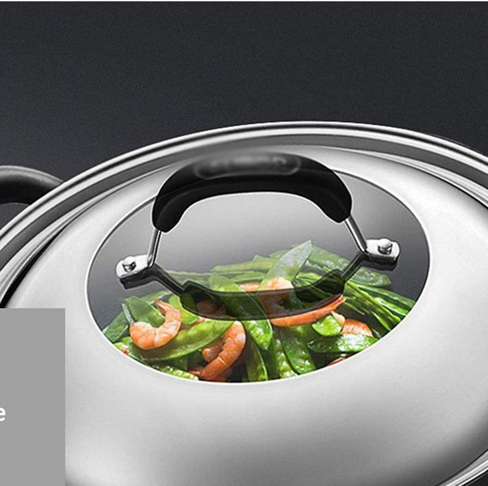 HMTE Padelle Wok Wok con Coperchio, Wok in Acciaio Inossidabile di Grande capacità, Design ergonomico, Wok Antiaderente, Wok Senza Fumo oleoso