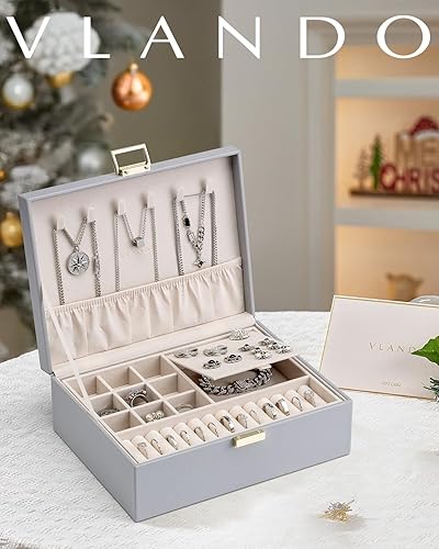 Miniatura 2 de Vlando - Joyero de 2 capas, joyero organizador grande para mujeres, bandeja de joyería removible para collares, aretes, anillos, pulseras, joyeros,