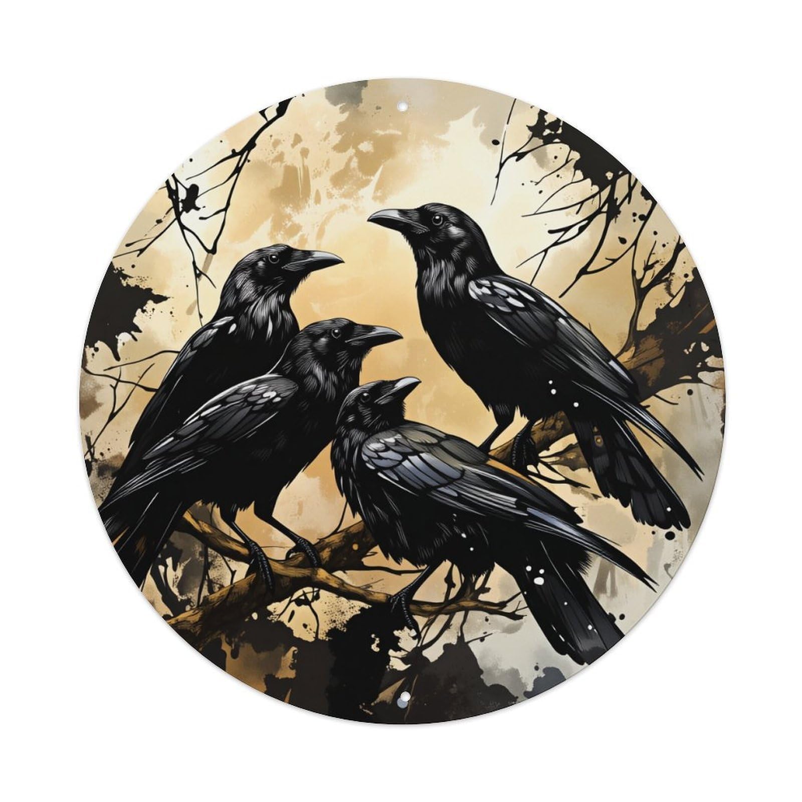 Crows Perched On Branches With Abstract Background Round Tin Sign Vintage Metal Poster, Home Bar Garage Man Cave Cafe Indoor & Outdoor Wall Decoration 8x8Inches