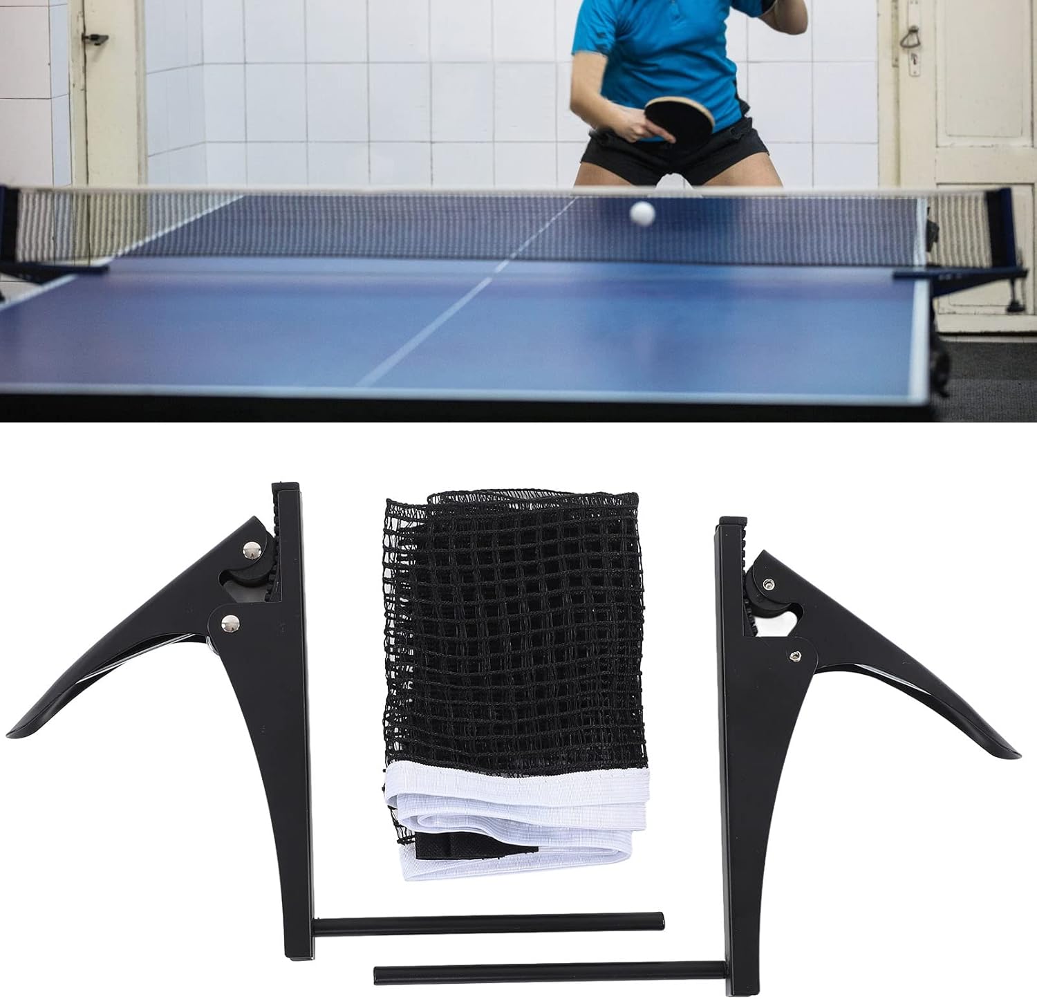 Professional Standard Table Tennis Net Bracket Set, Table Tennis Net Rack Kit Accessories, Stainless Steel Clamp with Nylon Net, Portable Indoor Outdoor Match Net for Training and
