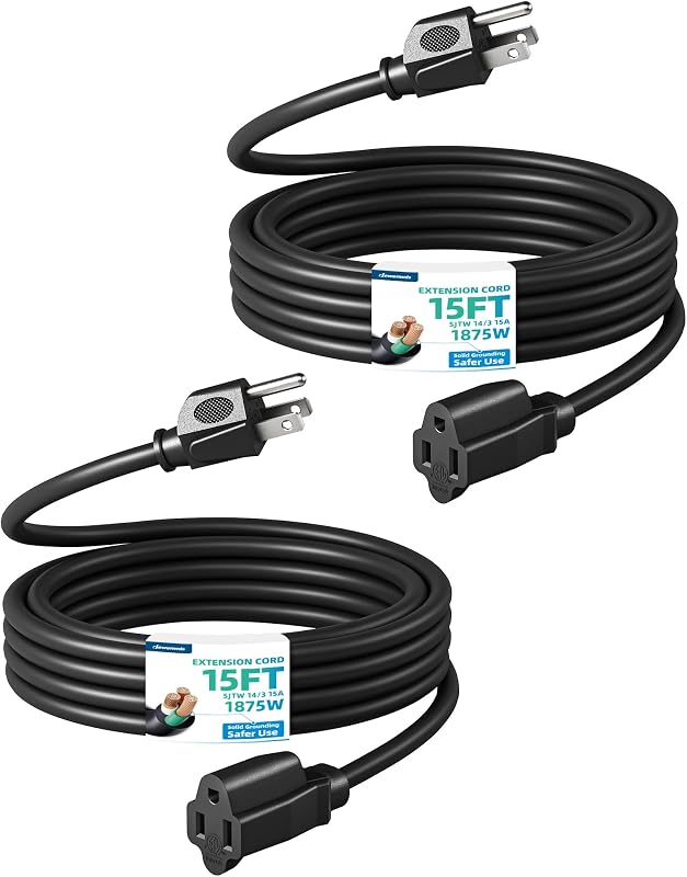 DEWENWILS Paquete de 2 cables de extensión para exteriores de 15 pies y 15 A 14/3 SJTW negro, listado ETL | Cable de alimentación resistente de 3 clavijas, resistente a la intemperie para electrodomésticos de interior/exterior, dispositivos de jardín, propietarios de viviendas, jardineros