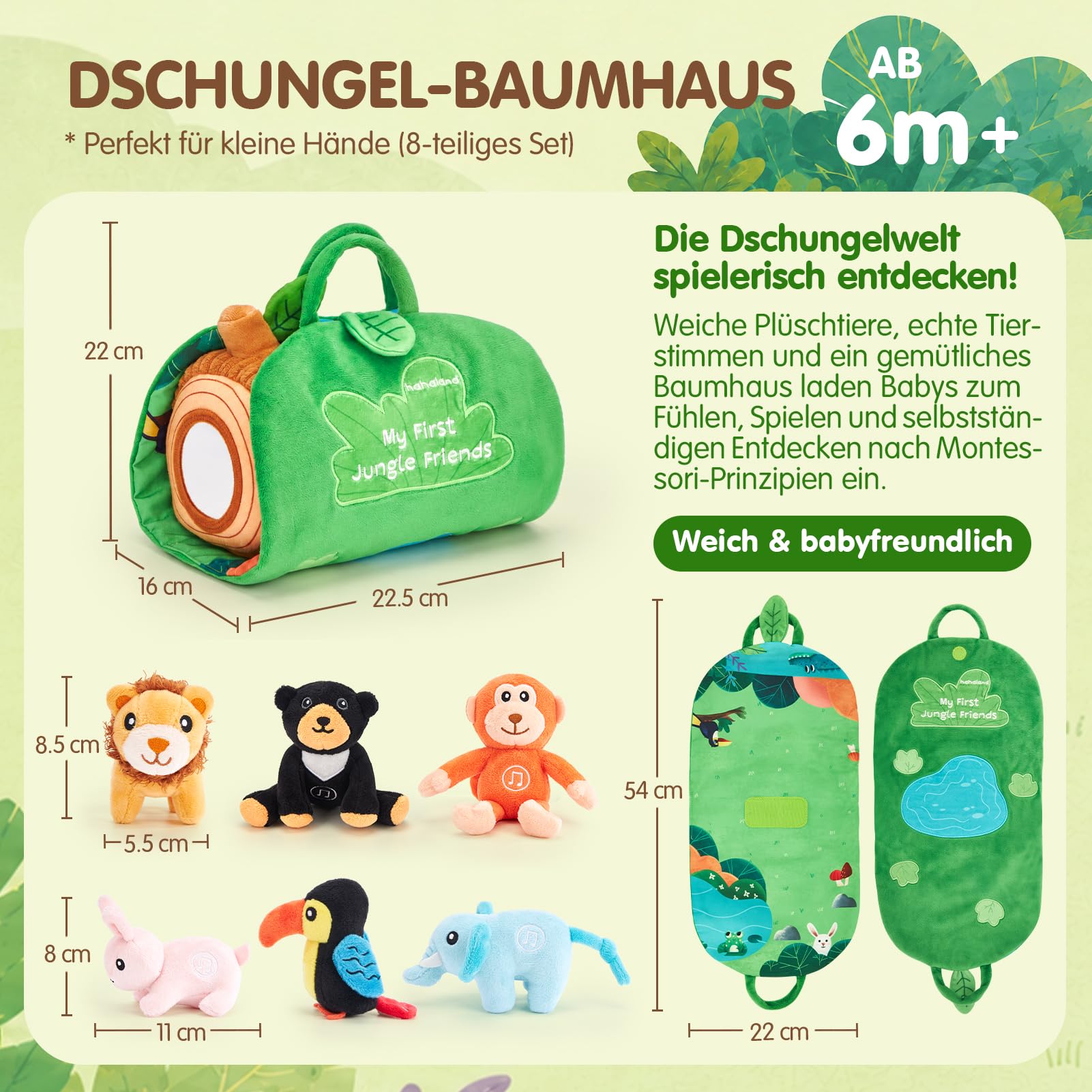 hahaland Montessori Spielzeug Baby 6-12 M, 6 Dschungeltiere mit Tierstimmen | Mit englischen Tierwörtern, Baumhaus & Spielmatte, Baby Spielzeug 6 Monate, fördert Sensorik & Feinmotorik, Baby Geschenk