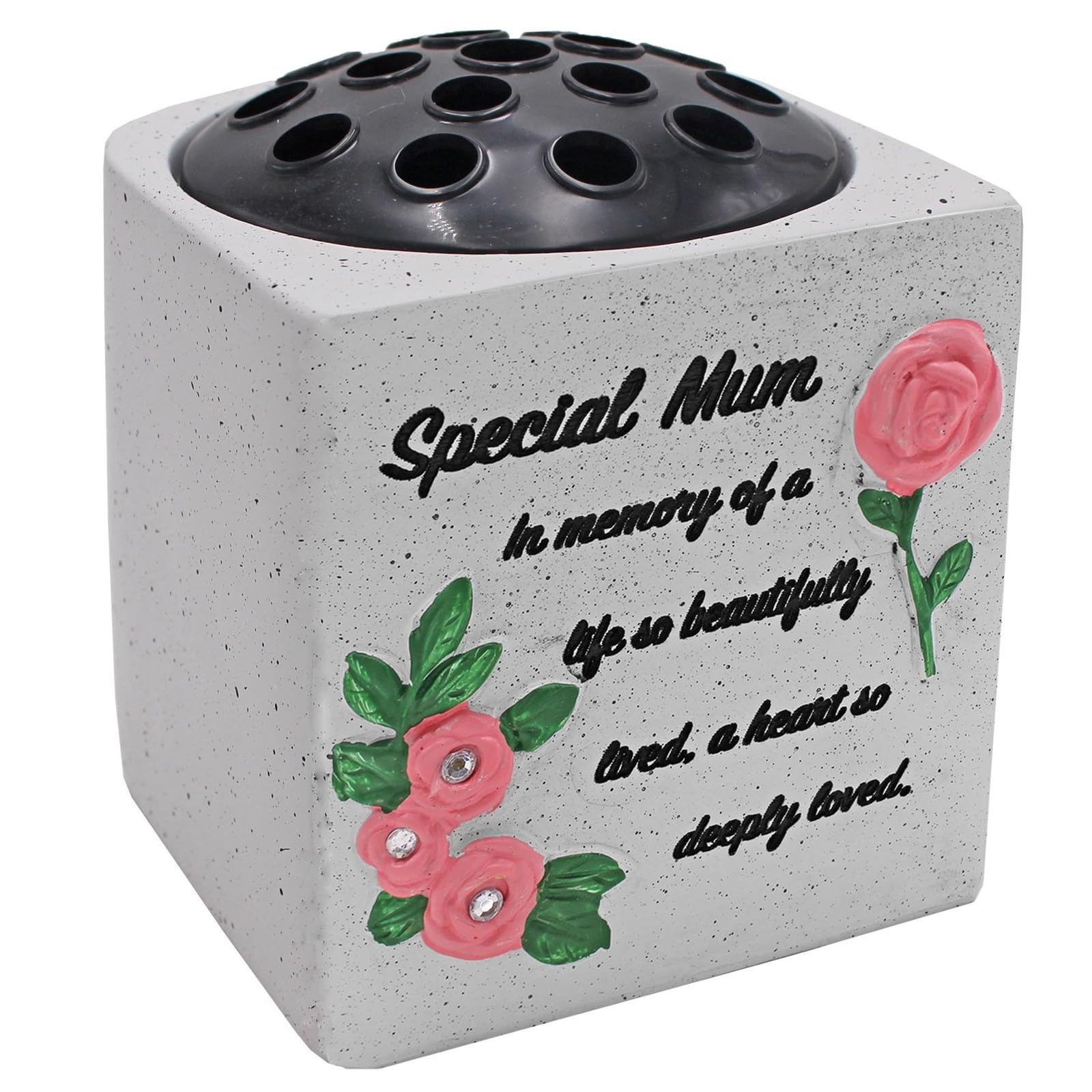 Quickdraw Supplies White Special Mum Grave Flower Pot Vase Pink Flowers & Diamantes – Memorial Ornament With Heartfelt Inscription – Weatherproof Flowers Holder For Graveside Remembrance