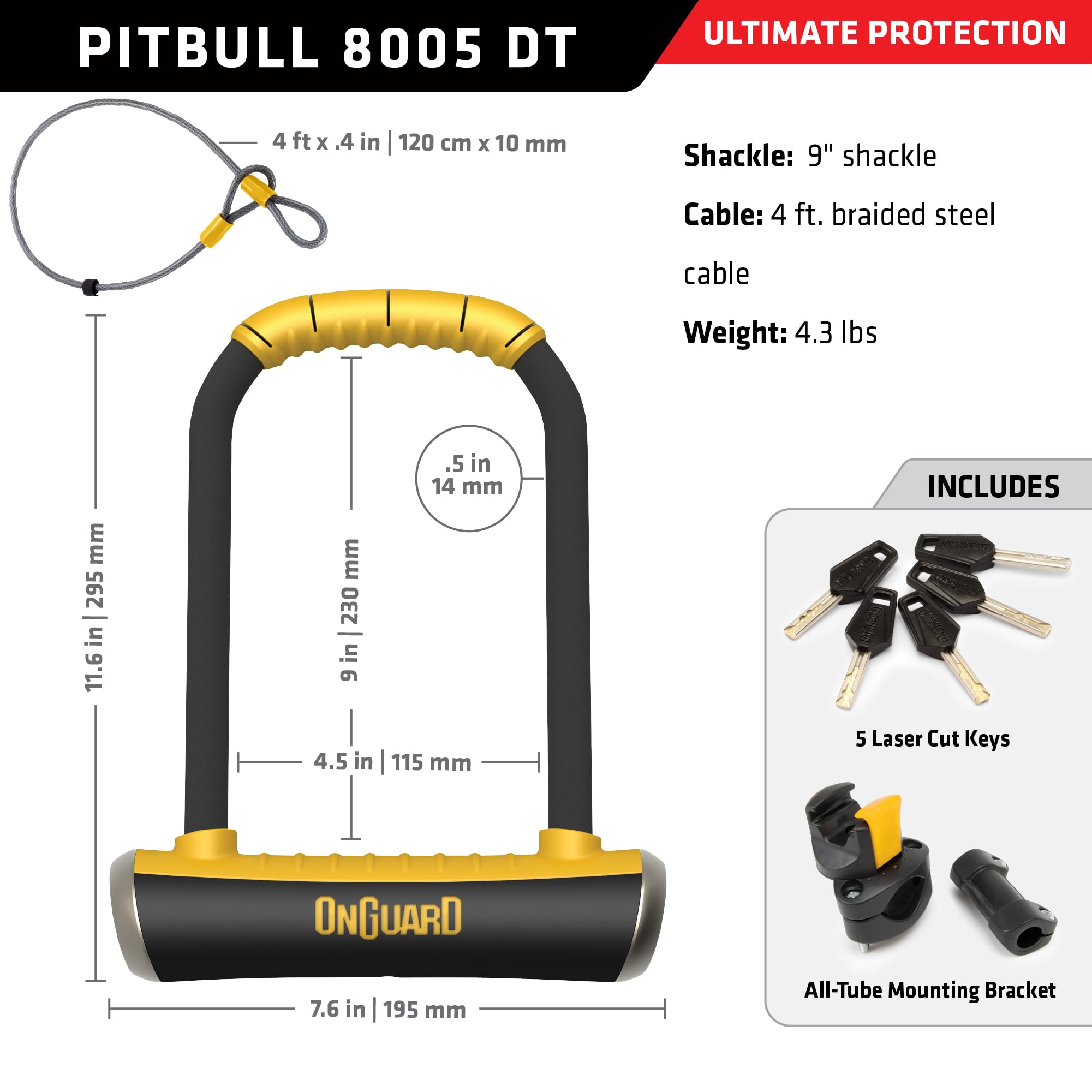 ONGUARD Pitbull Dt beugelslot, zwart, 115 mm x 230 mm x 14 mm + 120 cm x 10 mm, Schwarz