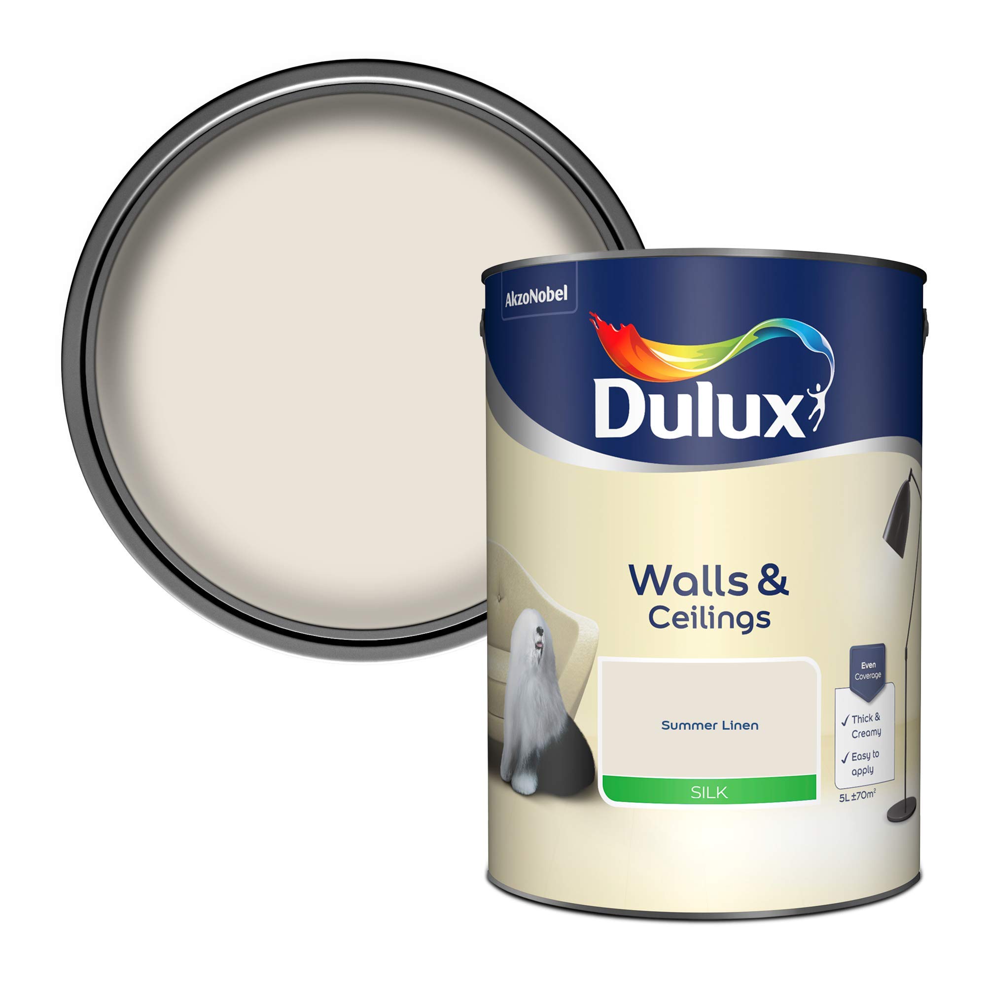 Dulux Walls and Ceilings Silk Emulsion Paint, Summer Linen, 5 Liters