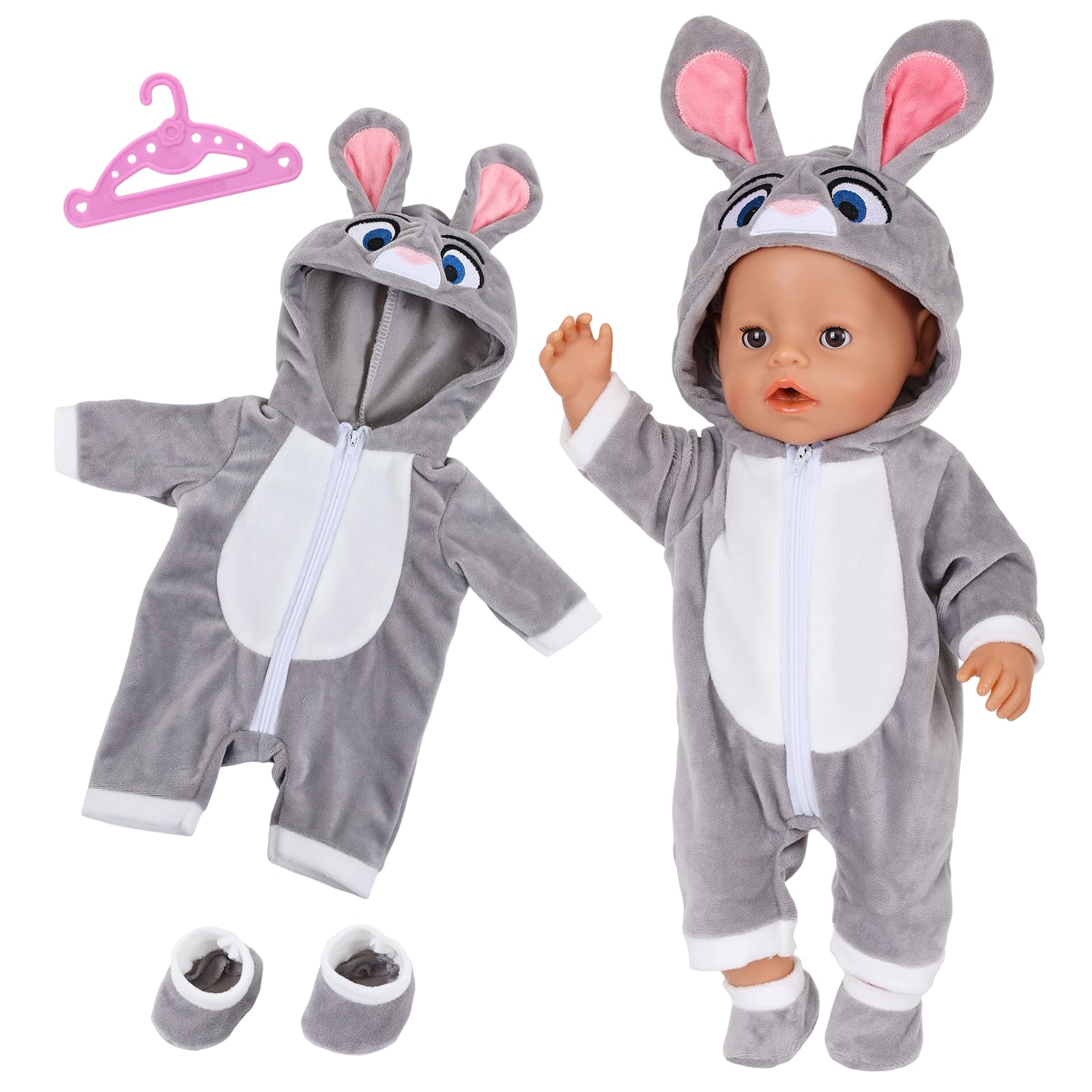 Baby Doll Clothes for 14-17 Inch Baby Doll, Gray Easter Rabbit Outfit Dolls Clothes with Hooded Overall Hanger Socks, Doll Clothes for 35-43cm Baby Dolls Christmas Birthday Gift for Girls Kids