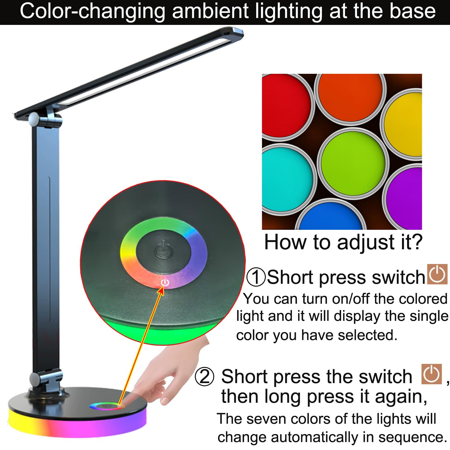 sakruda LED Desk Lamp,Eye-Caring Touch Control Table Lamp W/USB Charging Port,Stepless Dimmable Beside Reading Light,Foldable Desk Lamp W/Colored Night Light for Work,Kids Study,Home,Bedroom,Black - Image 4