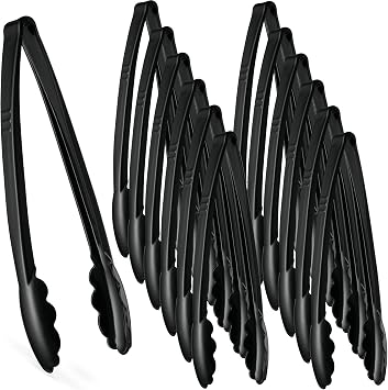 [Black Tongs 12'' Inches] Plasticpro 12'' Serving Tongs Heavy Duty Reusable Kitchen and BBQ Black Serving Tongs for party's, Caterings, Events, Buffet, Weddings, And every Day use Pack of 12