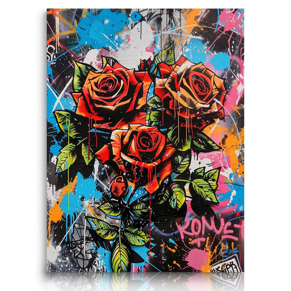 Fchen art Poster su tela con graffiti di strada e rose rosse, stile hip hop, poster su tela, decorazione da parete moderna per camera da letto, poster pronto da appendere, 60 x 90 cm