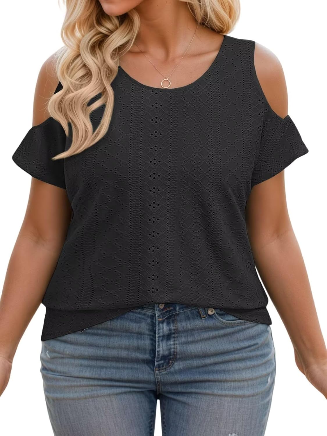 VISILILY Plus-Size-Womens-Summer-Tops Trendy Cold Shoulder Short Sleeve Shirts Casual Crew Neck Cute Tunics Blouses XL-5XL