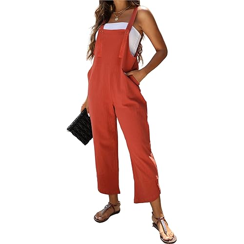 Omoone Women Sleeveless Cotton Straps Baggy Jumpsuit Overalls Casual Summer Bib Rompers Pockets
