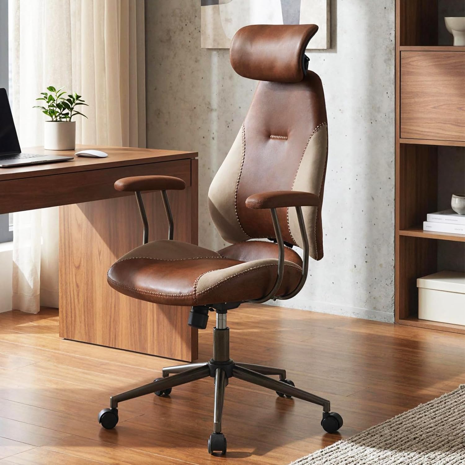 Giantex Ergonomic Office Chair, Mid Century Modern Faux Fur Computer Desk Chair with 2D Headrest, Rocking Backrest & Wheels, Vintage High Back Rolling Chair for Executive, Brown