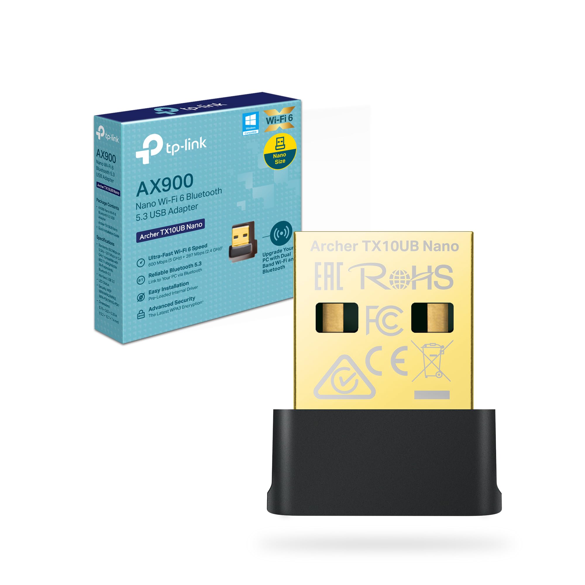 TP-Link Archer TX10UB Nano WiFi Buletooth Adaptador para PC, Wi-Fi 6 AX900 Dual Band WLAN Stick, Bluetooth 5.3, Nano tamaño, WPA3, MU-MIMO, Solo Compatible con Windows 11/10