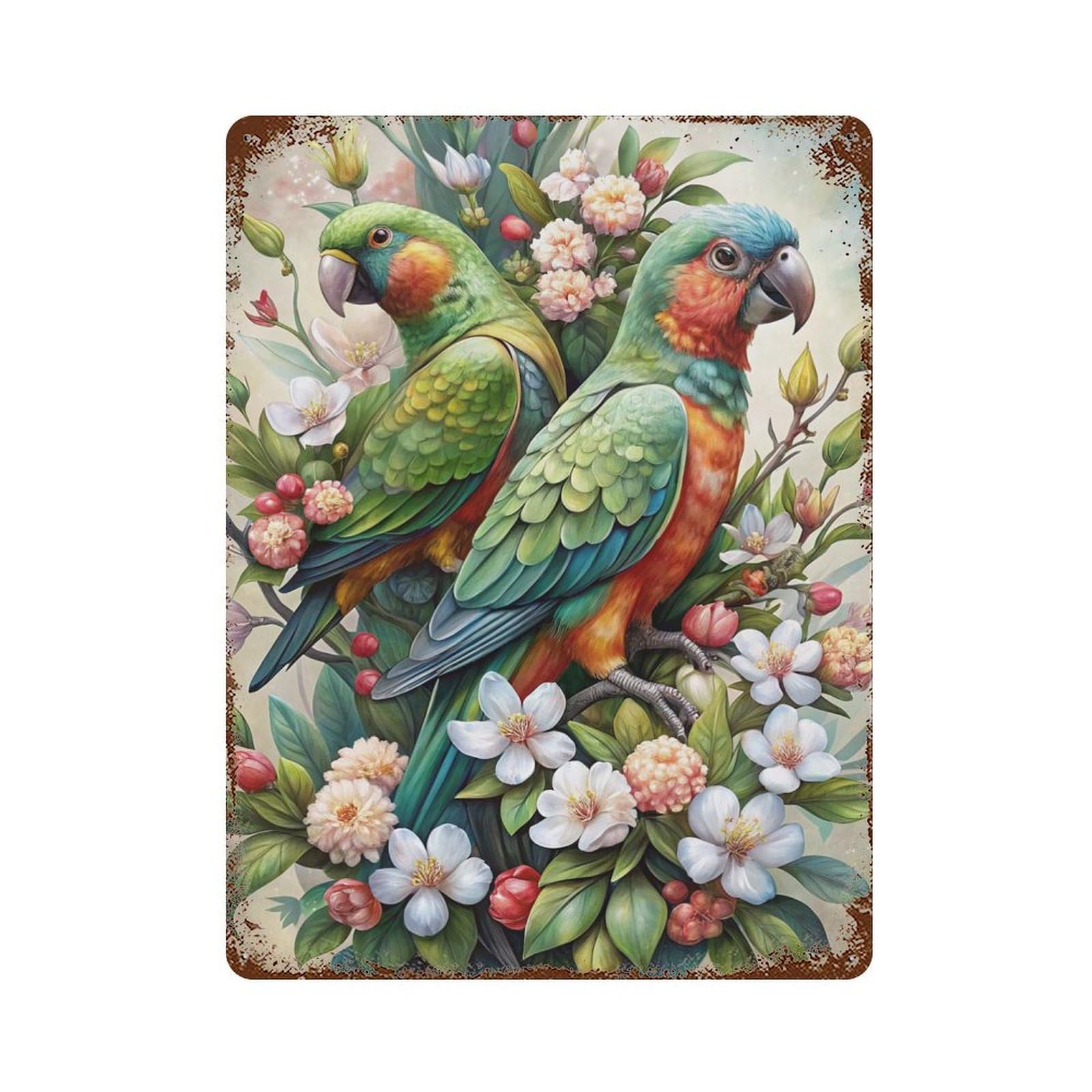 Vintage Rust Metal Sign Two Parrots in Floral Arrangement 15.7"x11.8", Shabby Chic Decor for Cafe, Home Bar And Lounge Decor