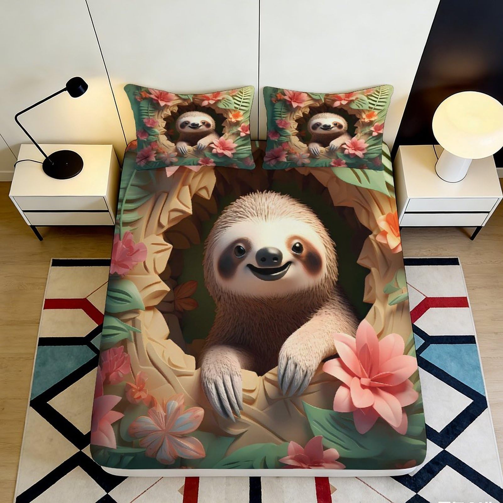 3D Printed Sloth Floral Fitted Sheet Microfiber Soft Breathable Cartoon Jungle Bed Cover for Bedroom Guest Room Decor 90x200x25cm