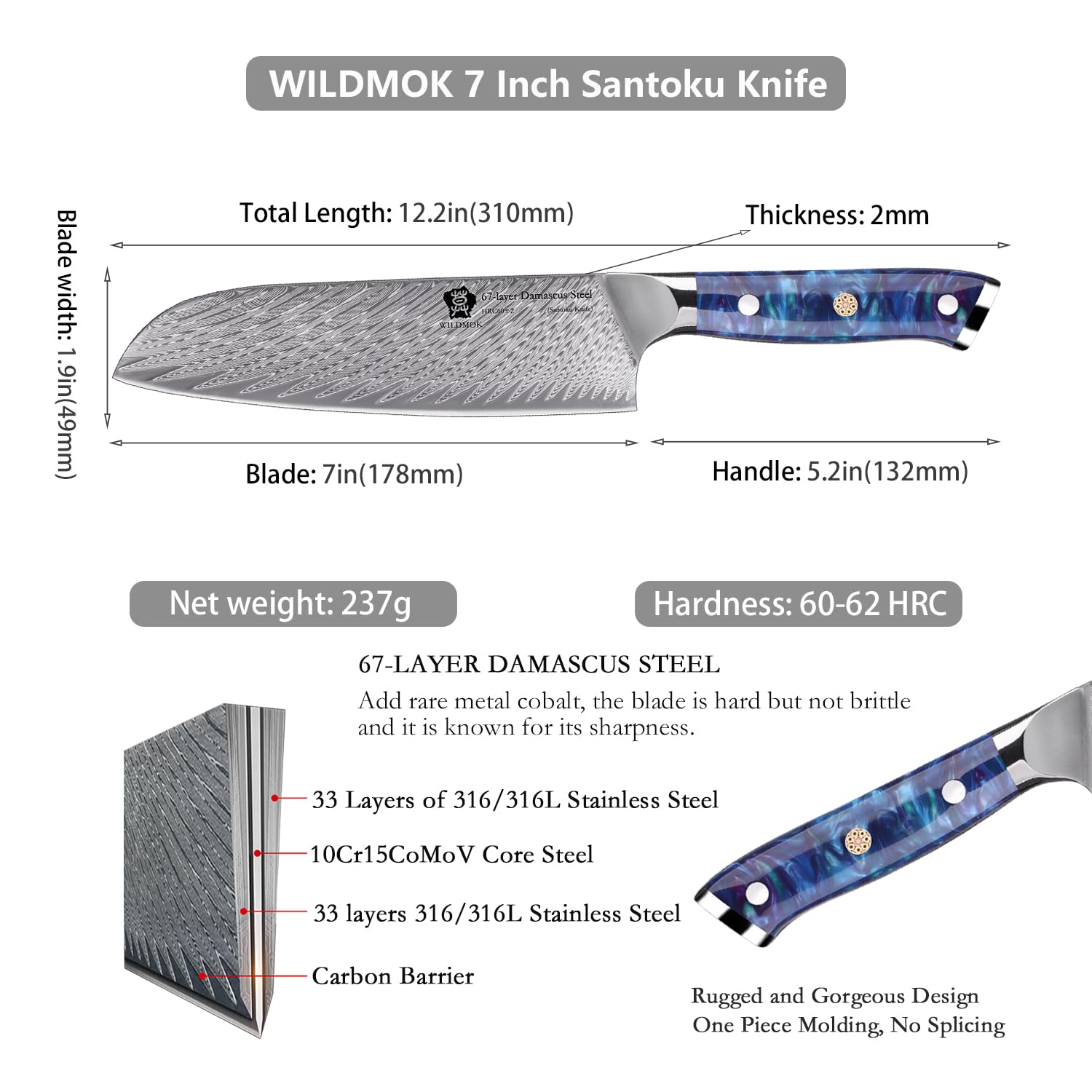 WILDMOK Coltello da Chef, Coltello da Cucina Coltelli da Chef da 17.8 cm, Chef in Acciaio di Damasco Giapponese VG10 Professionale, con Impugnatura Ergonomica Full Tang per Cucina