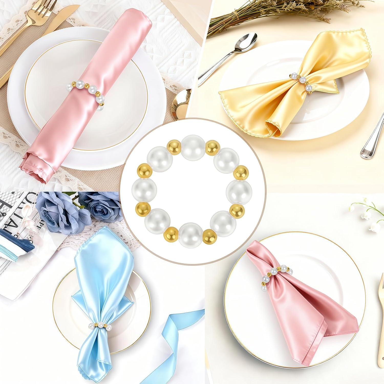 Pearl Napkin Rings Set of 12, Handmade Imitation Pearl Napkin Rings, Napkin Holder Tabletop Decor for Dinning Table Setting, Party, Wedding, Family Gatherings (Gold)