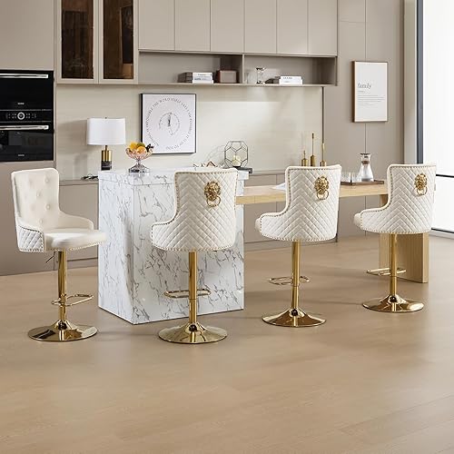 Miniatura 7 de Juego de 2 taburetes de bar dorados giratorios de terciopelo con anillo de tracción de león, taburetes tapizados de altura de mostrador con respaldo