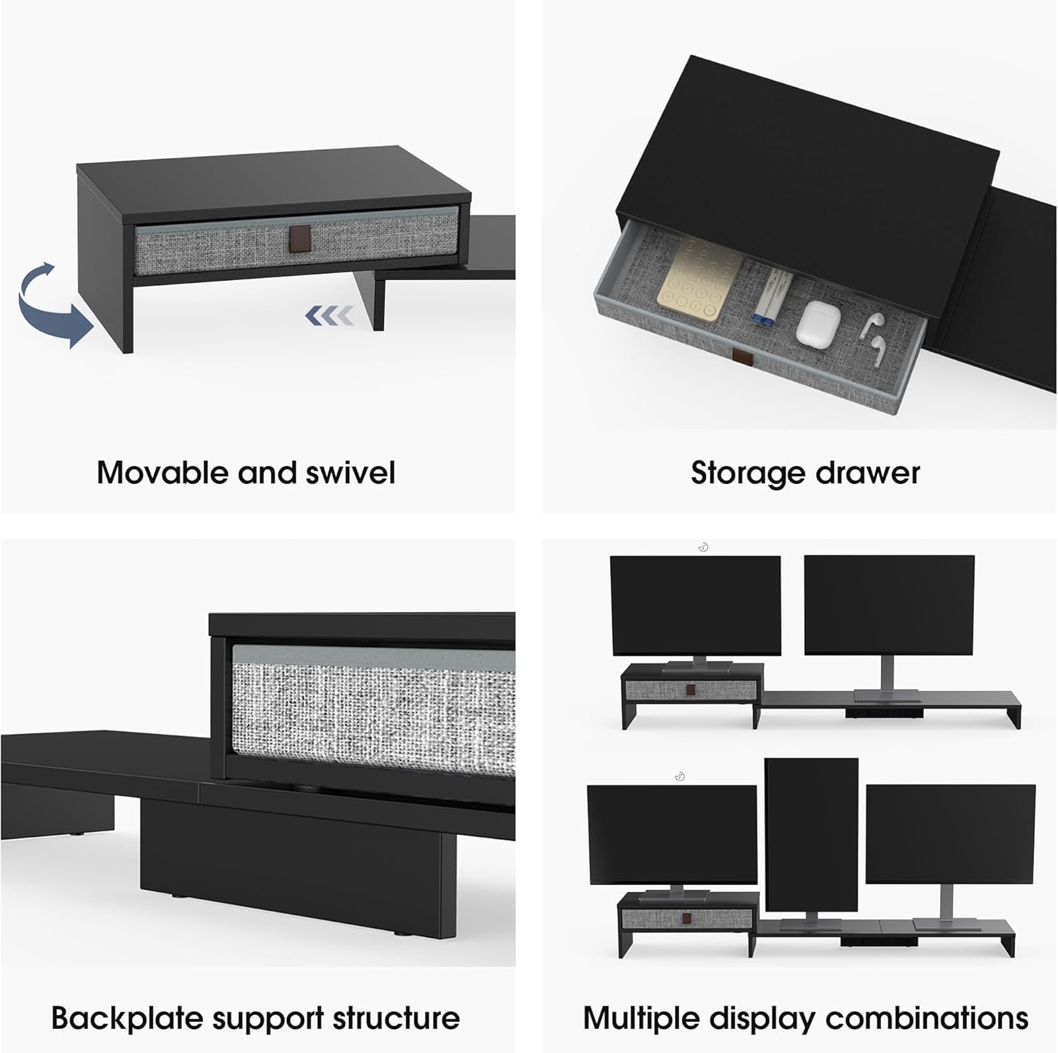 Fenge Computer Monitor Riser Stand with Drawer for 2 or 3 Monitors ,Adjustable Length and Angle Desktop Laptop Stand,Office Organizer,Printer,Black
