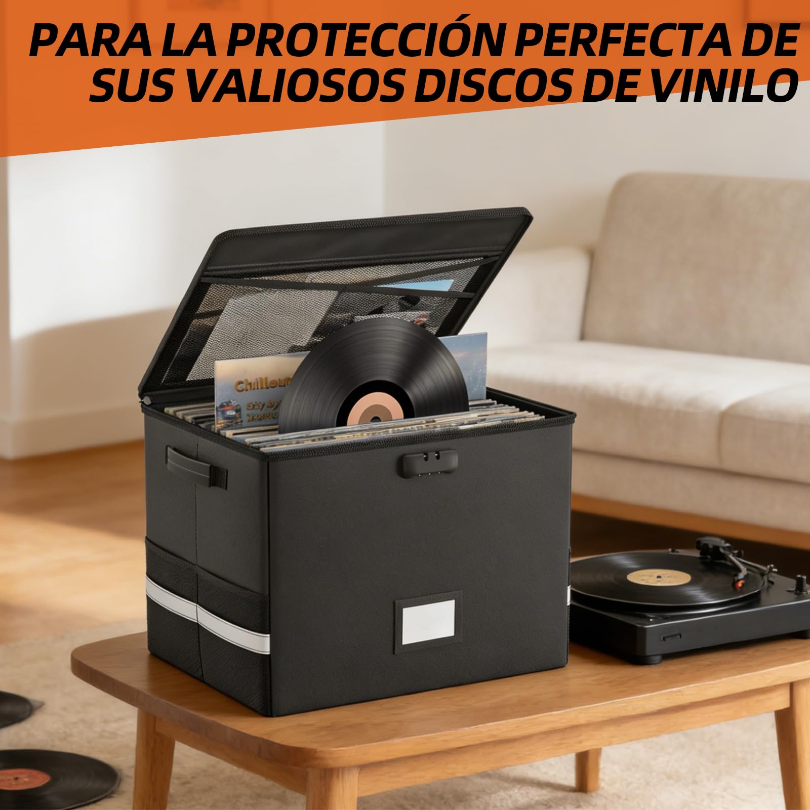 Caja de almacenamiento ignífuga para discos de vinilo con cerradura, gran capacidad, plegable e incluye etiqueta de nombre. Perfecto para coleccionistas de álbumes raros. Caja de música para el