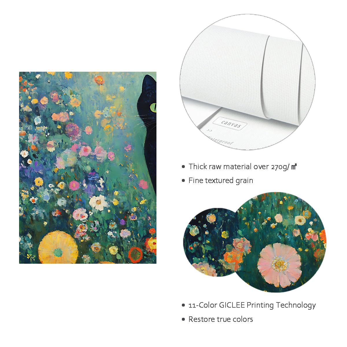 Via Vela Gustav Klimt Impressionist Leinwand Wandkunst Schwarze Katze Blumengarten Wandbild Wildblumenwiese Kunstdruck Bild für Badezimmer Wohnzimmer Apartment Dekor 40x60cm