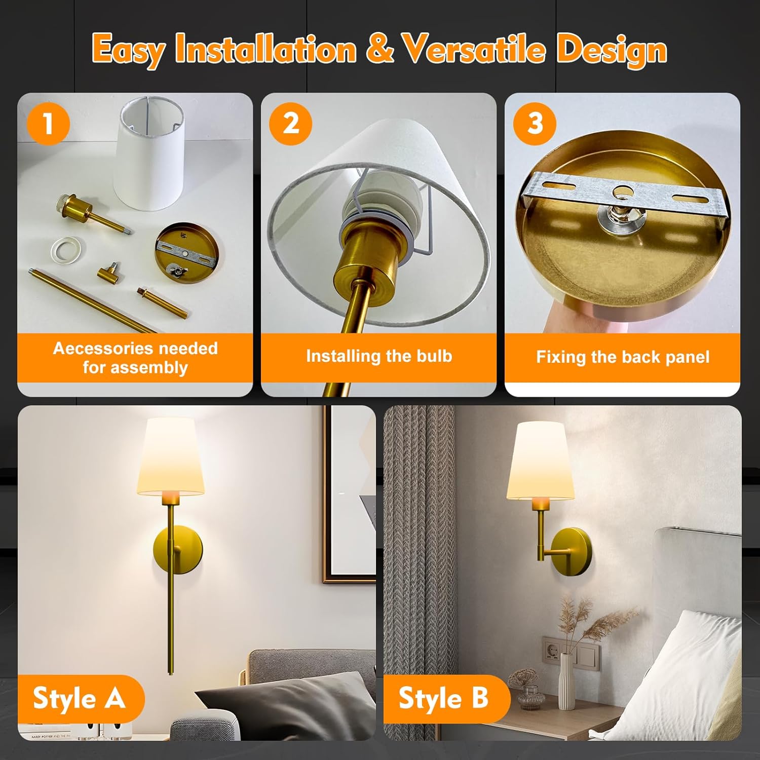 Battery Operated Wall Sconces Set of Two, Gold Wireless Wall Lights with 5200mAh Dimmable Bulbs and Remote, 12 Color Rechargeable Wall Sconce for Bedroom Living Room Hallway, 24 Inch