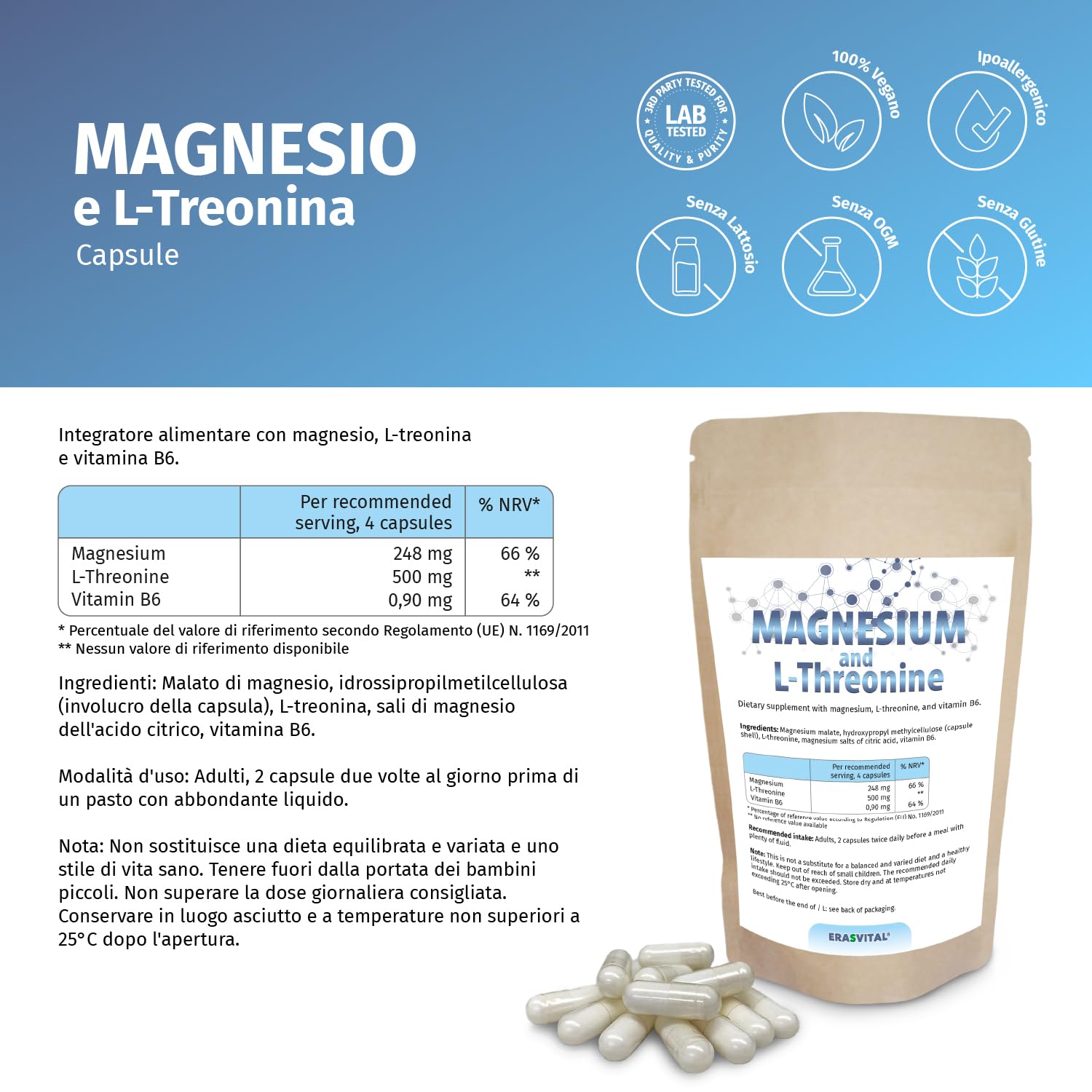 Magnesio y L-Treonina 360 cápsulas Suministro para 1 mes - contribuye a la producción de energía a nivel celular y favorece la función muscular y nerviosa Vegan