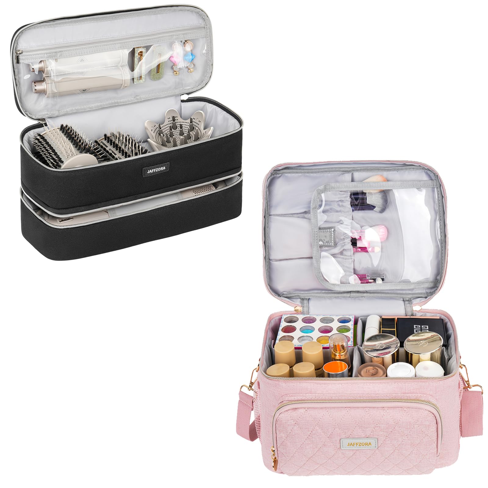 JaffzoraCarrying Case Fits for Shark Flexstyle(HD430/440/435) & Hair Dryer, Bundle with Travel Cosmetic Bag with Makeup Brush Compartments Black & Pink(Bag Only)