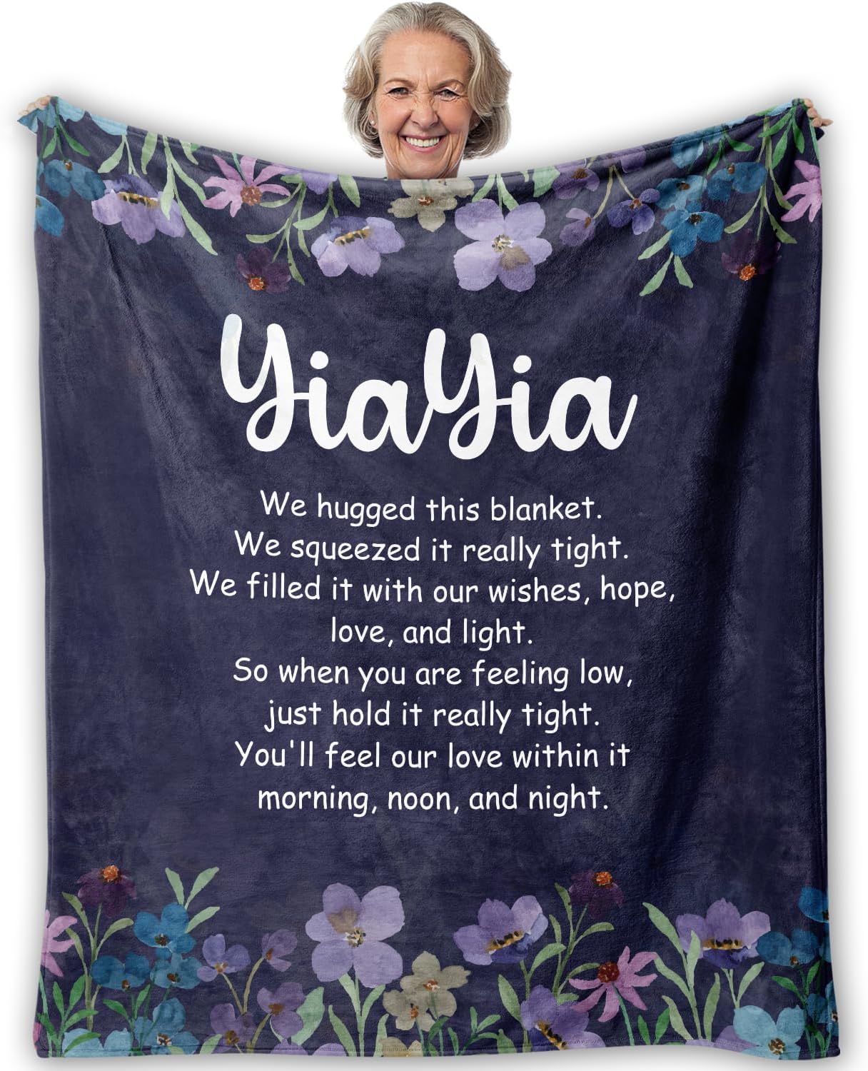 Purple Blue Yiayia Grandma Blanket, Grandma Gifts from Grandkids, Grandmother Gifts for Birthday Christmas, Yiayia Wildflower Throw Blankets for Bedroom Living Room Home, 50x60 Inches