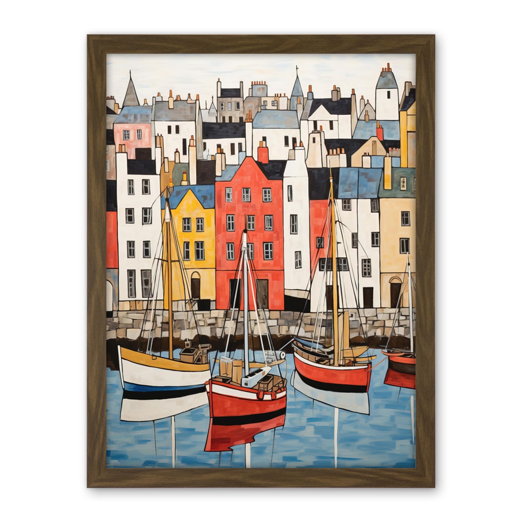 Artery8 Colourful Town Harbour Acrylic Painting Red Yellow Blue Fishing Boats Coastal Townscape Artwork Framed Wall Art Print 18X24 Inch