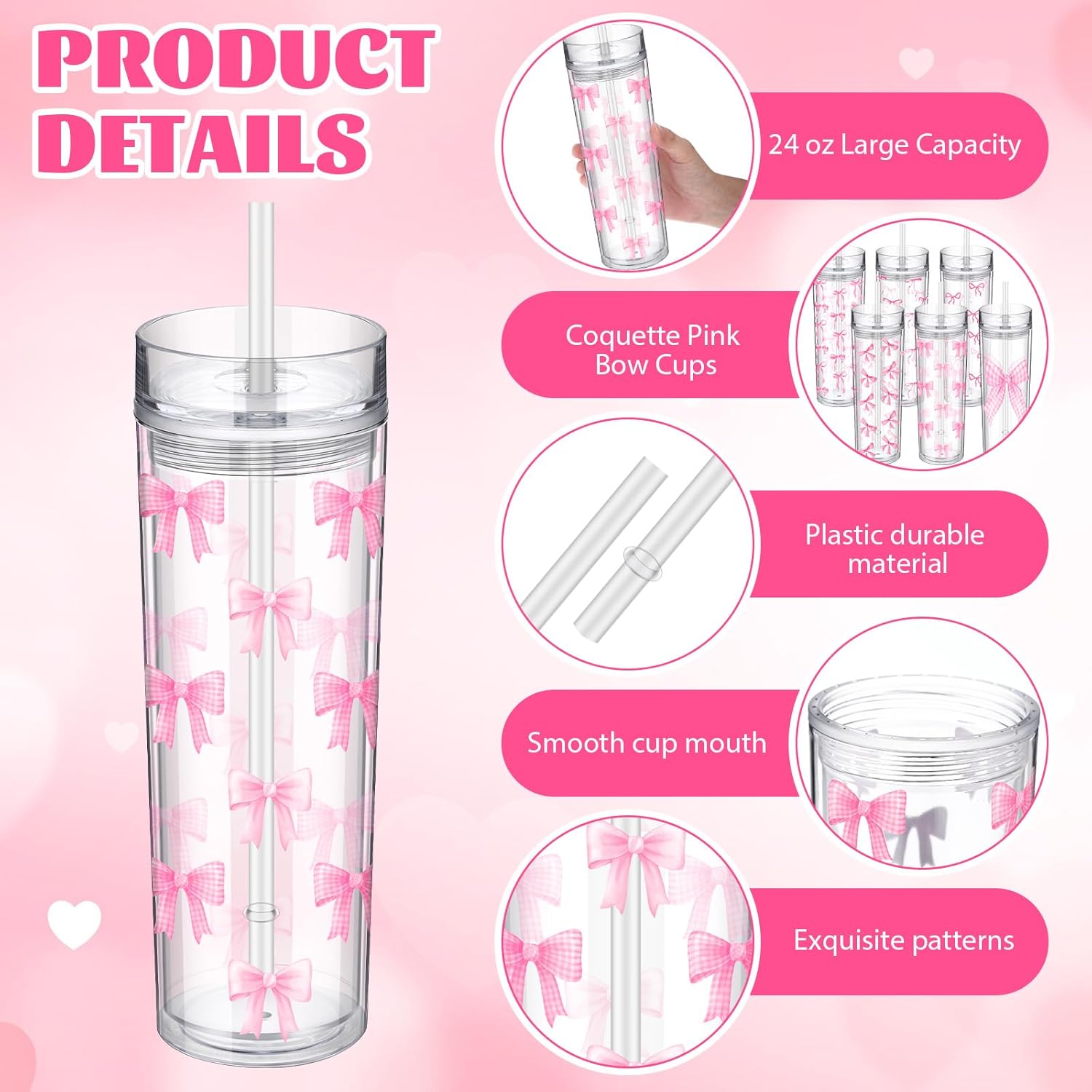 6 Pcs Coquette Pink Bow Plastic Cups with Lids and Straws 16 oz Cute Double Layer Clear Aesthetic Iced Coffee Cups Bulk Reusable Pink Bow Tumbler for Women Teen Girls Party Water Bottle Gift - Image 3