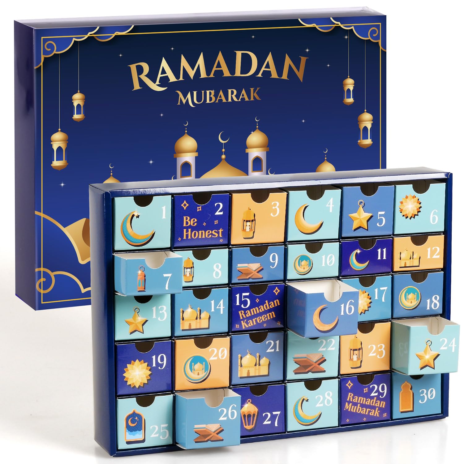 Calendrier De L’Avent Ramadan 2026 – 30 Boîtes à Remplir – Compte à Rebours Aïd – Déco Islamique Avec Lunes Et étoiles