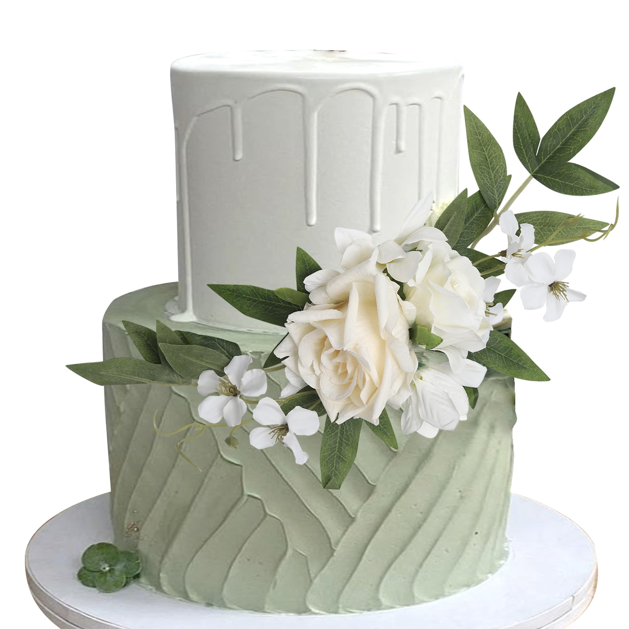 Rsstarxi 1 Pack Assembled Artificial Flower Mother's Day Cake Topper White Rose Flower Artificial Leaves Cake Pick Decoration for DIY Wedding Bithday Valentine's Day Party Cake Decorations Supplies