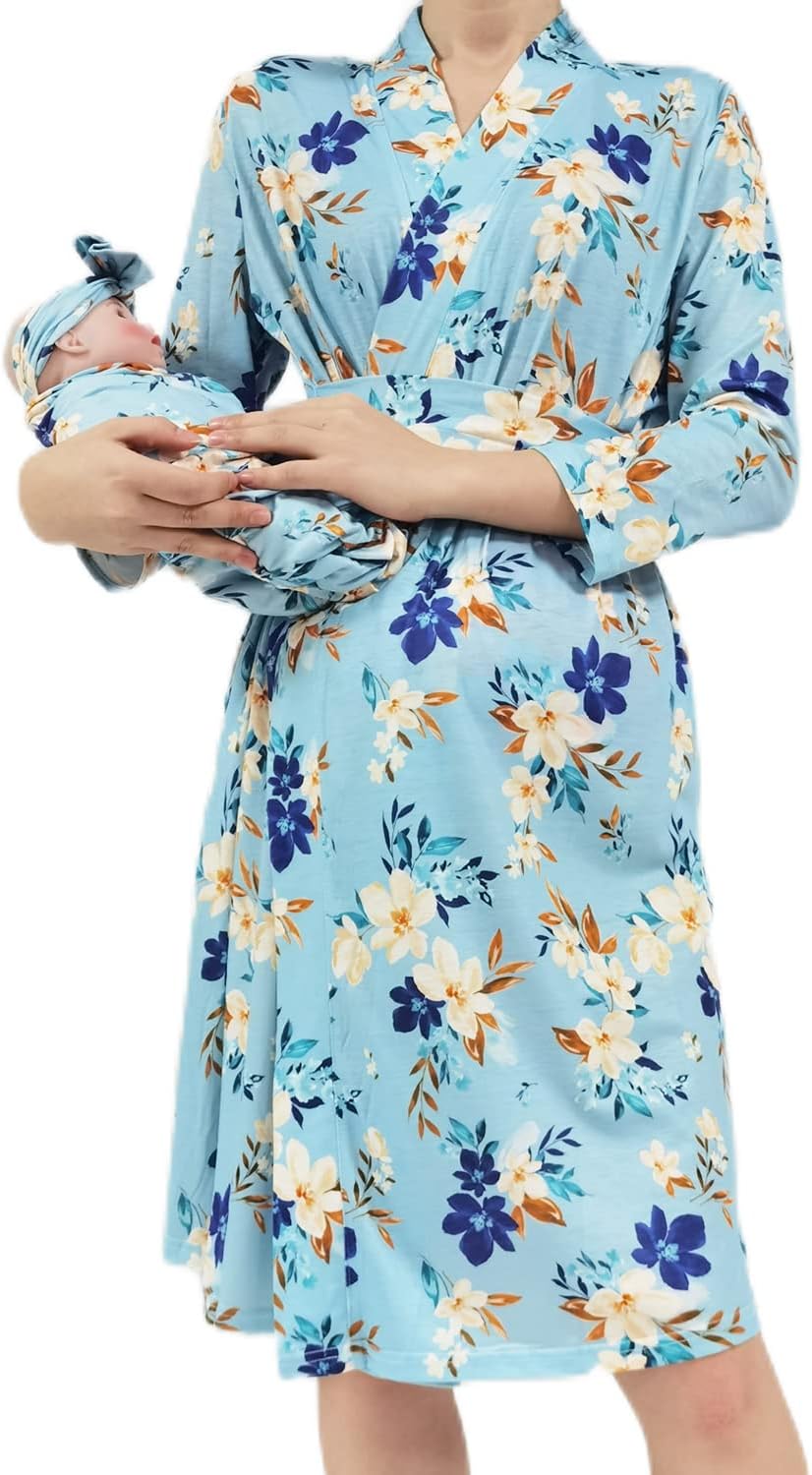 SUFEINI Women's Maternity Nursing Mommy Robe with Matching Swaddle Set, Pregnancy Hospital Labor Robes