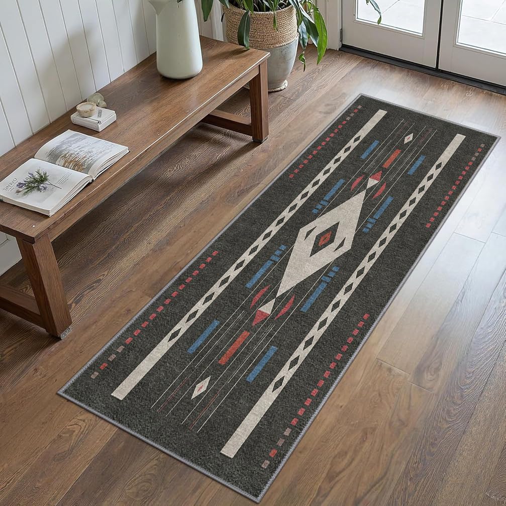 Tappeto Passatoia Antiscivolo 1.8 Metri, Tappeto lavabile per cucina, Tappeto Corridoio Interno Lungo per Ingresso Cucina Camera da Letto Casa，90 x 180 cm,Nero，Motivo Geometrico Moderno