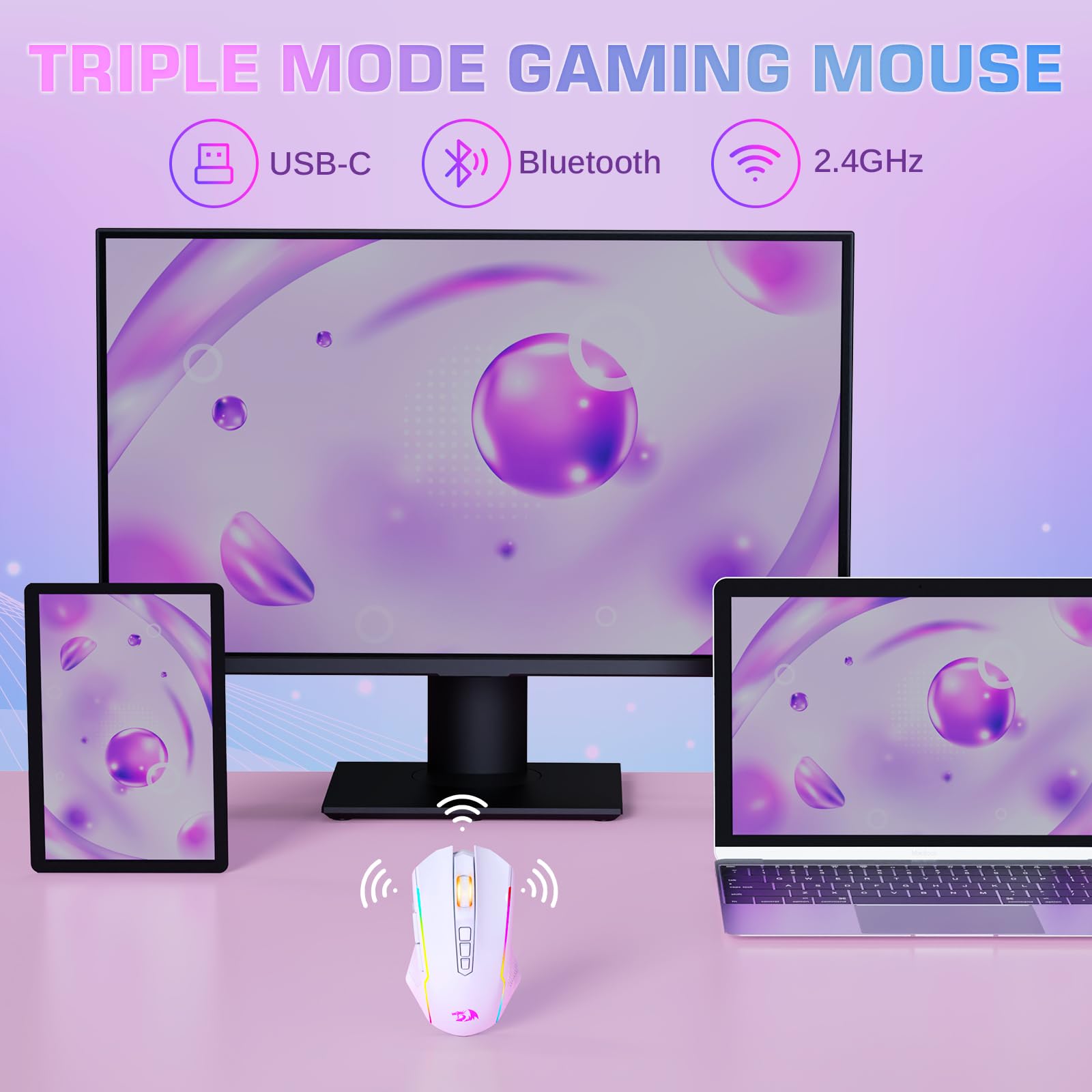 Redragon Ratón inalámbrico para juegos, trimodo 2.4G/USB-C/Bluetooth, 10000 DPI, retroiluminación RGB, totalmente programable, mouse inalámbrico recargable para laptop, PC, Mac, blanco