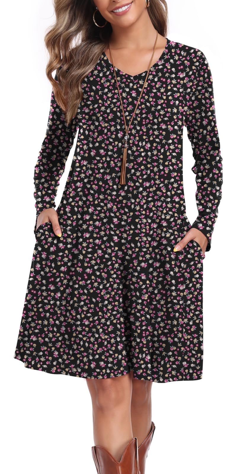 lionstill Women's Casual T Shirt Dresses Fall Long Sleeve Swing Dress with Pockets