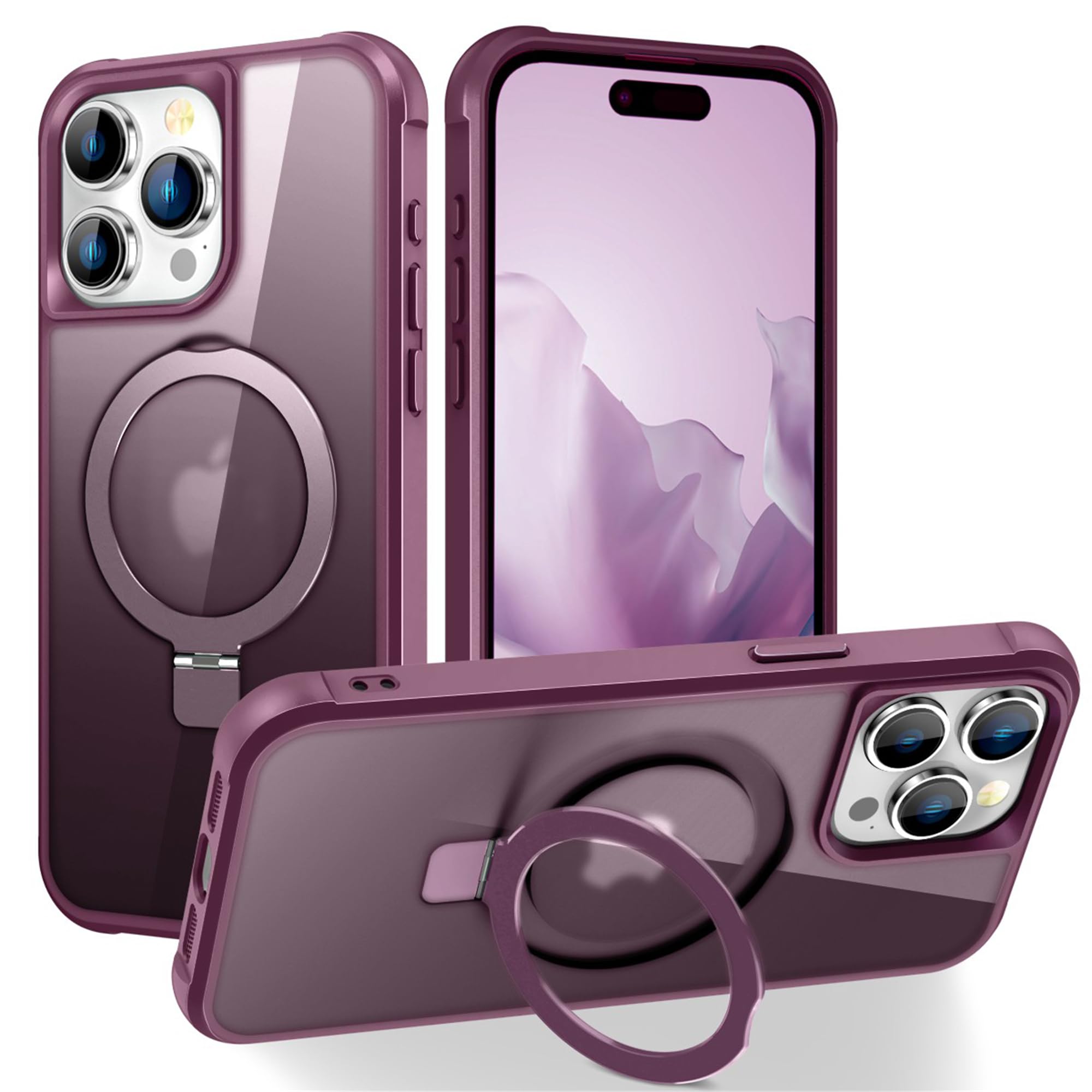 SAITONG for iPhone 15 Pro Max Case with Invisible Magnetic Ring Stand Translucent iPhone 15 Pro Max Phone Case 6.7" [Compatible with MagSafe][Great Grip Feeling], Wine Red