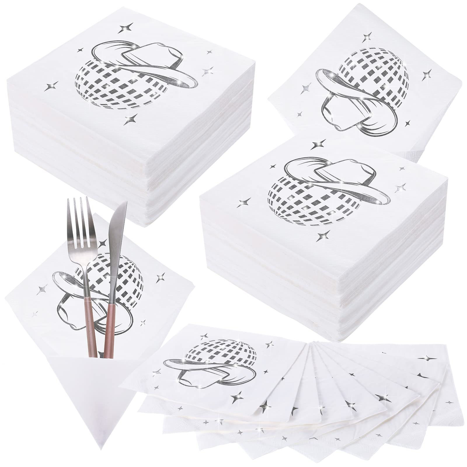 Ctosree 100 Pack Disco cowgirl Napkins 70s 80s 90s Disco Party Decorations Western Cowgirl Stylish Silver Napkins for Birthday Bachelorette Wedding (