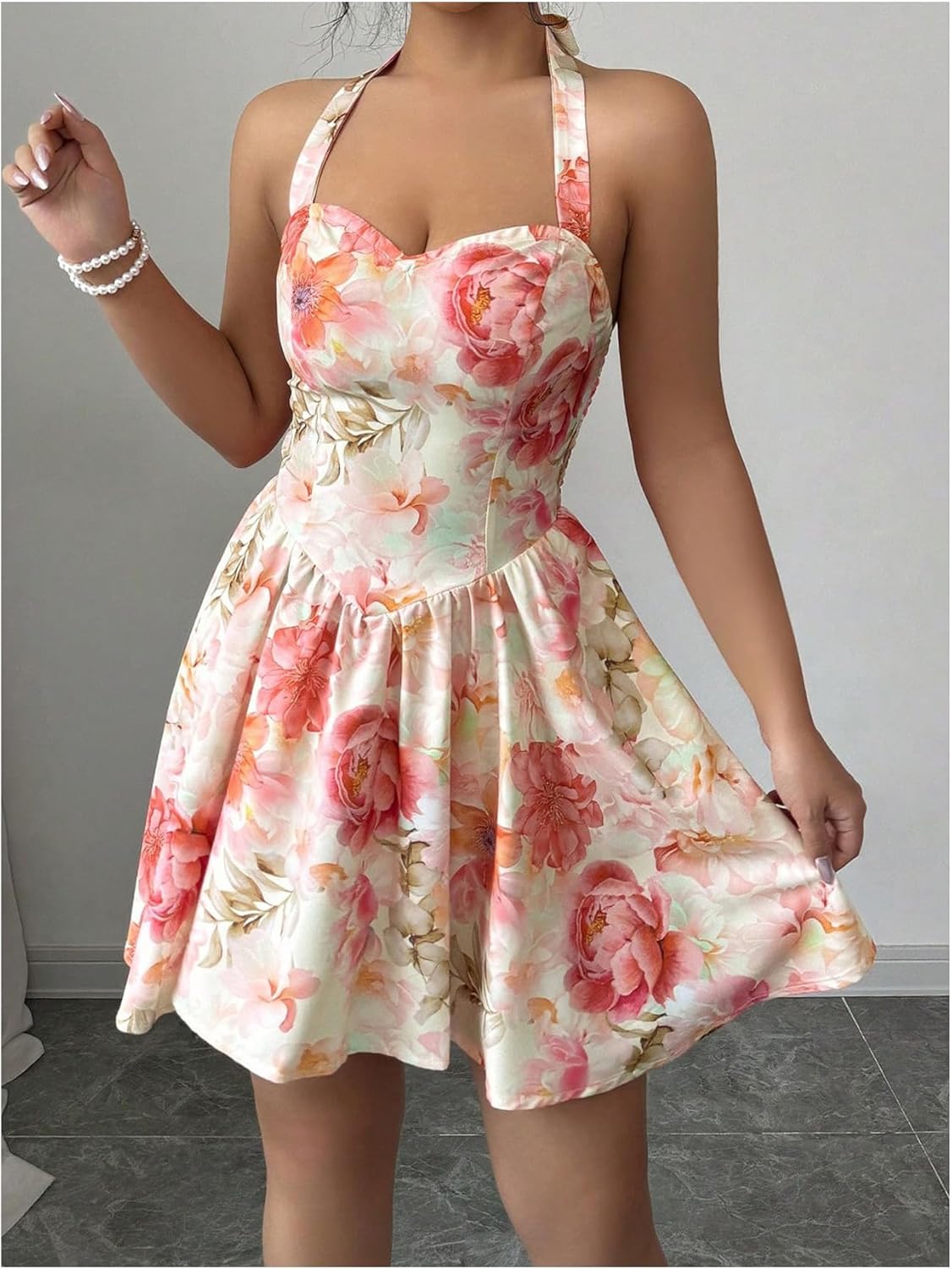 Milumia Women's Floral Tie Backless Halter Mini Dress Boho Sweetheart Neck Sleeveless A Line Short Dresses - Image 4