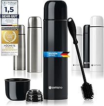 Stainless Steel Thermos Flask with Cup & Brush; Thermos Flask Double-Walled Insulated Jug; Leak-Proof, Dishwasher Safe & BPA-Free + Cleaning Brush; Keeps Drinks Hot & Cold (Black - 1000 ml)