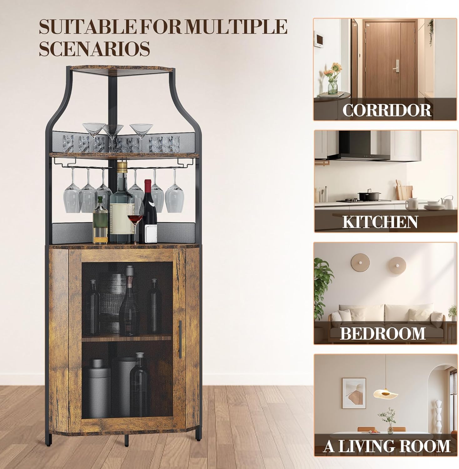 Weinschrank Eckschrank mit Arbeitstisch,Holz Weinschrank mit 5 Ablagefächer Und 2 Glashalterund Netztür für Küche, Wohnzimmer, Esszimmer(152X90x32cm,Naturholzfarbe)
