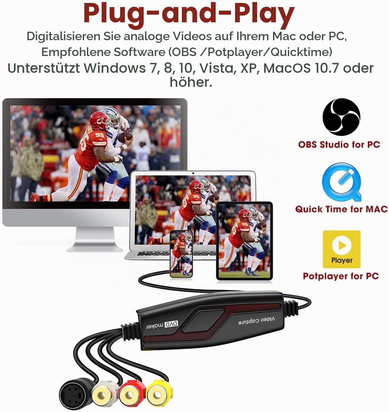 DIGITNOW! Video Grabber Überträgt Hi8 VHS auf Digital DVD für Windows 10 / Mac, Video Capture Karte mit Scart / AV Adapter,One-Touch-Videorecorder-Bearbeiten, Speichern und auf DVD Brennen