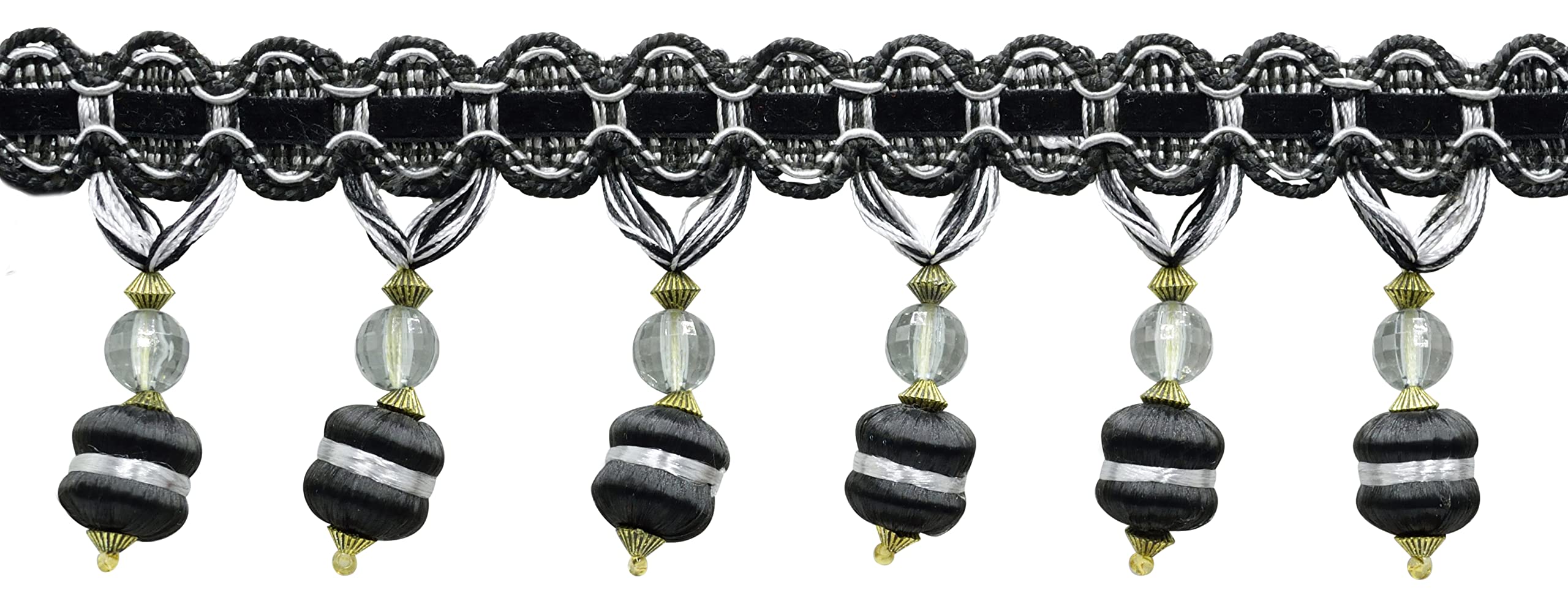 Passementerie frange à perles noire grise BFH3-PY galon pour rideau 12m