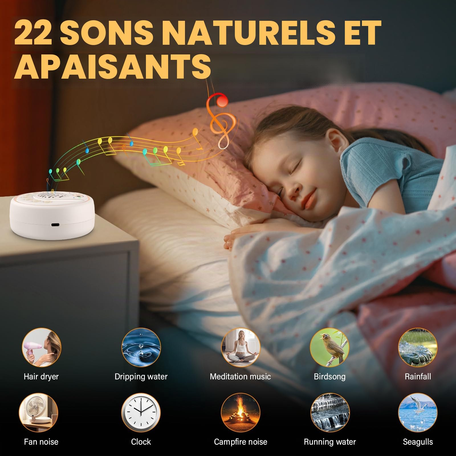 Machine à Bruit Blanc,Machine Sonore pour Bébé-22 Sons Apaisants,60 Niveaux de Volume 2000mAh Batterie et Enceinte Bluetooth Bruit Blanc Portable pour Enfants et Adultes