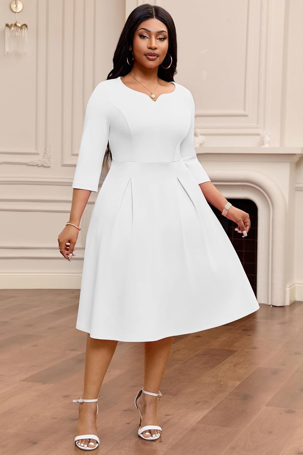 Nmoder Casual Dresses for Women, Fit and Flare A-Line Swing Dress 3/4 Sleeve Church Cocktail Midi Dress with Pockets - Image 6