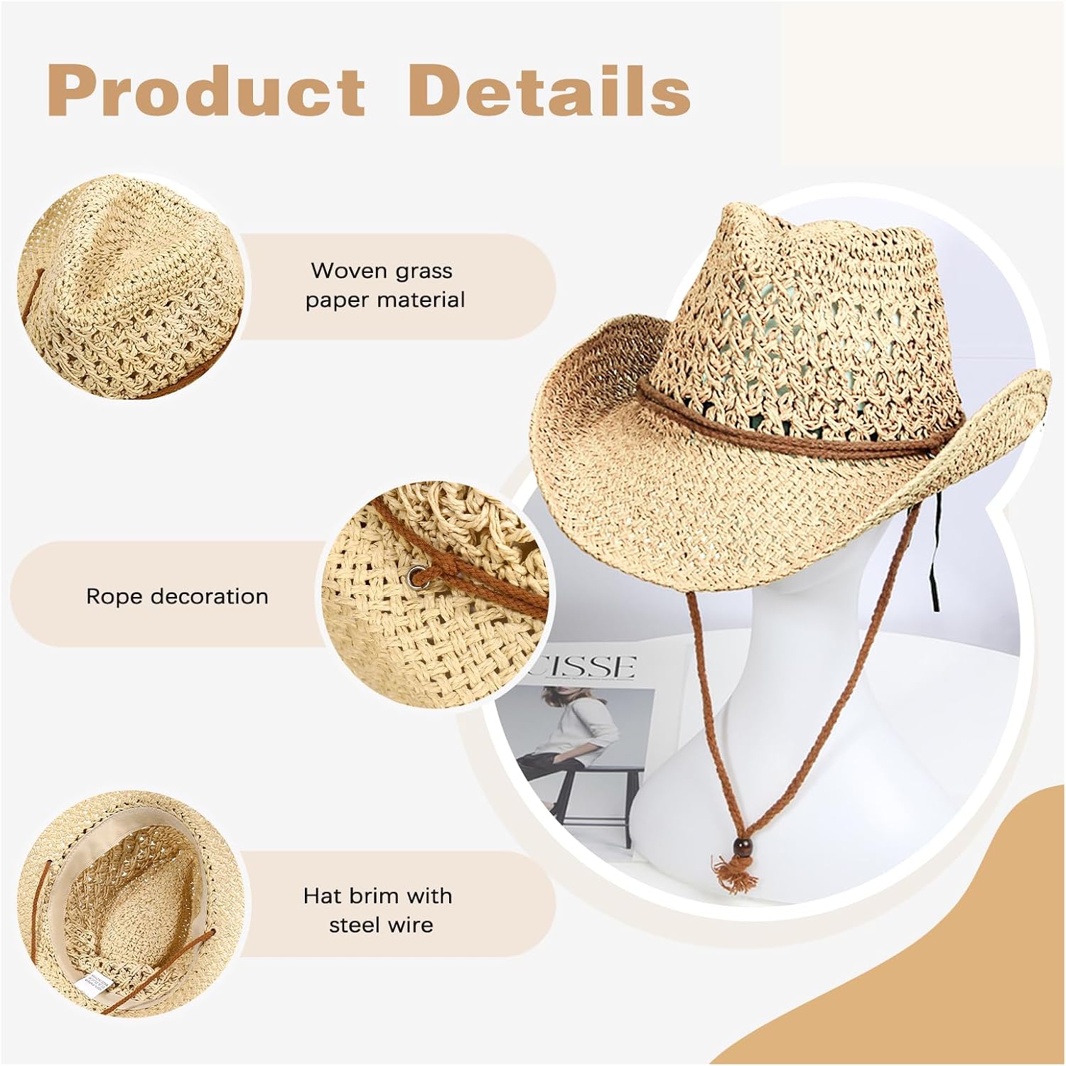 Womens Men Straw Cowboy Hat Foldable Wide Brim Summer Sun Hats Travel Vacation Lightweight Beach Cowgirl Hat